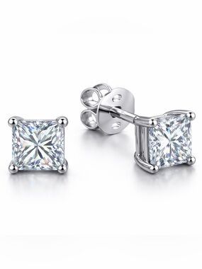 Sterling Silver 925 Clear Cubic Zirconia Princess Cut Stud Earrings - Silver 4mm